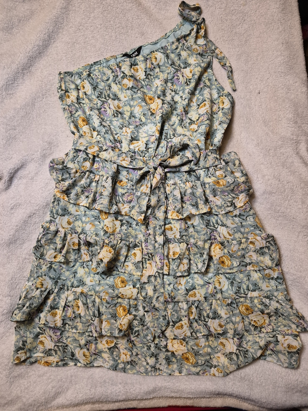 BTFBM One-Shoulder Floral Ruffle Dress — Yellow Rose on Sage